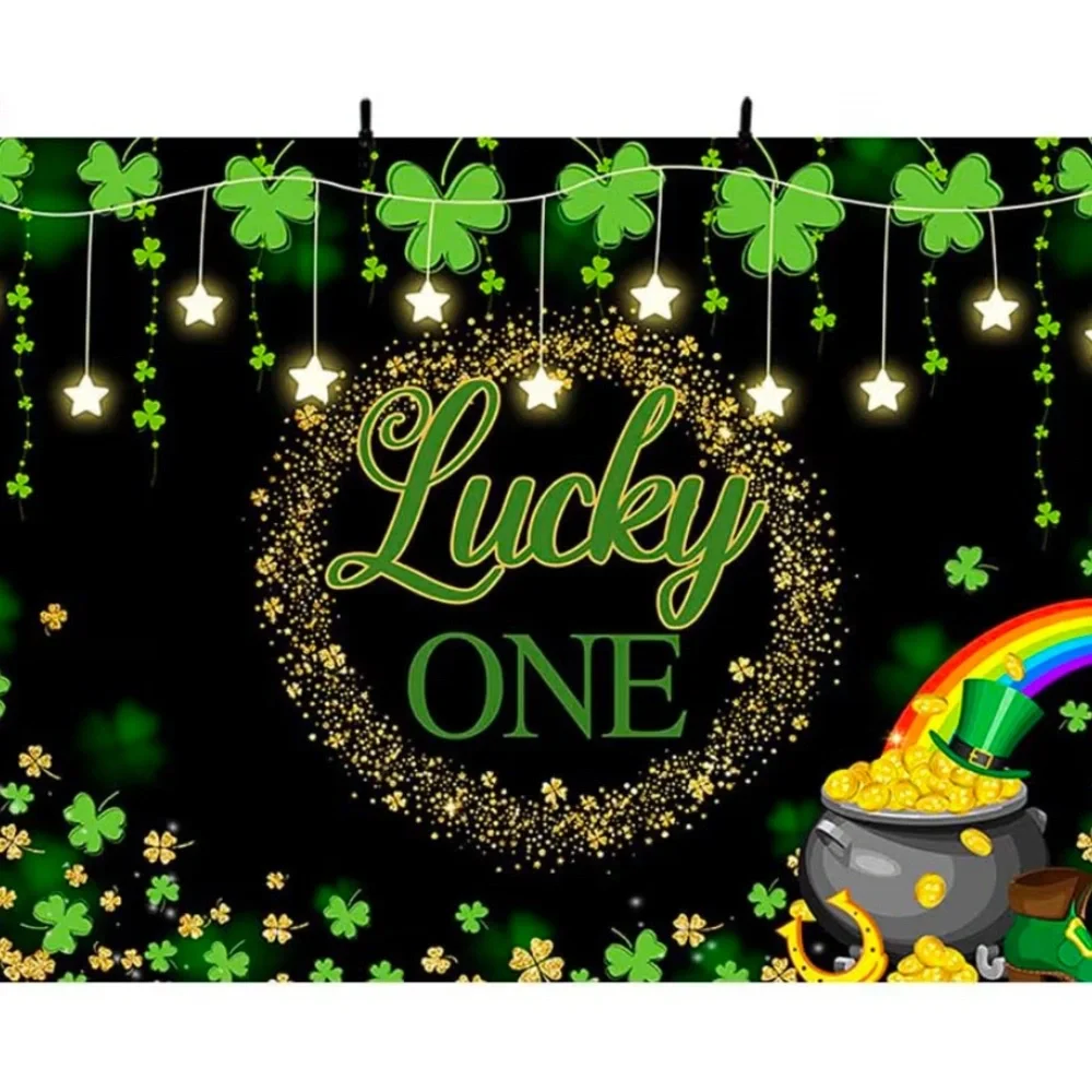 Lucky One 1st Birthday Backdrop, 7 x 5, St. Patrick's Day Green Clover Rainbow